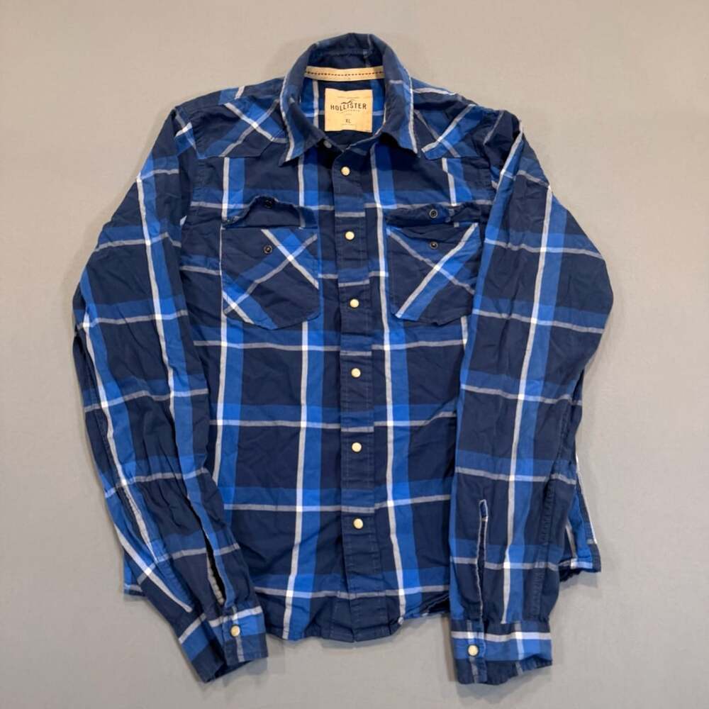 Hollister Plaid Western Pearl Snap Shirt Size XL Blue Long Sleeve